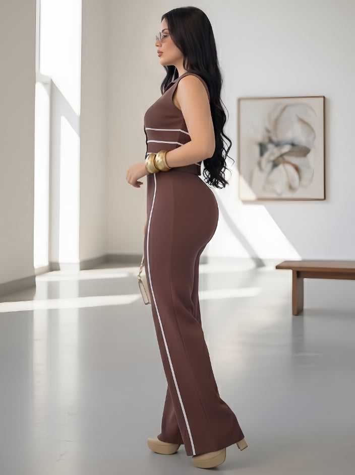 Mocha Wide-Leg Pants Set with Contrast Trim