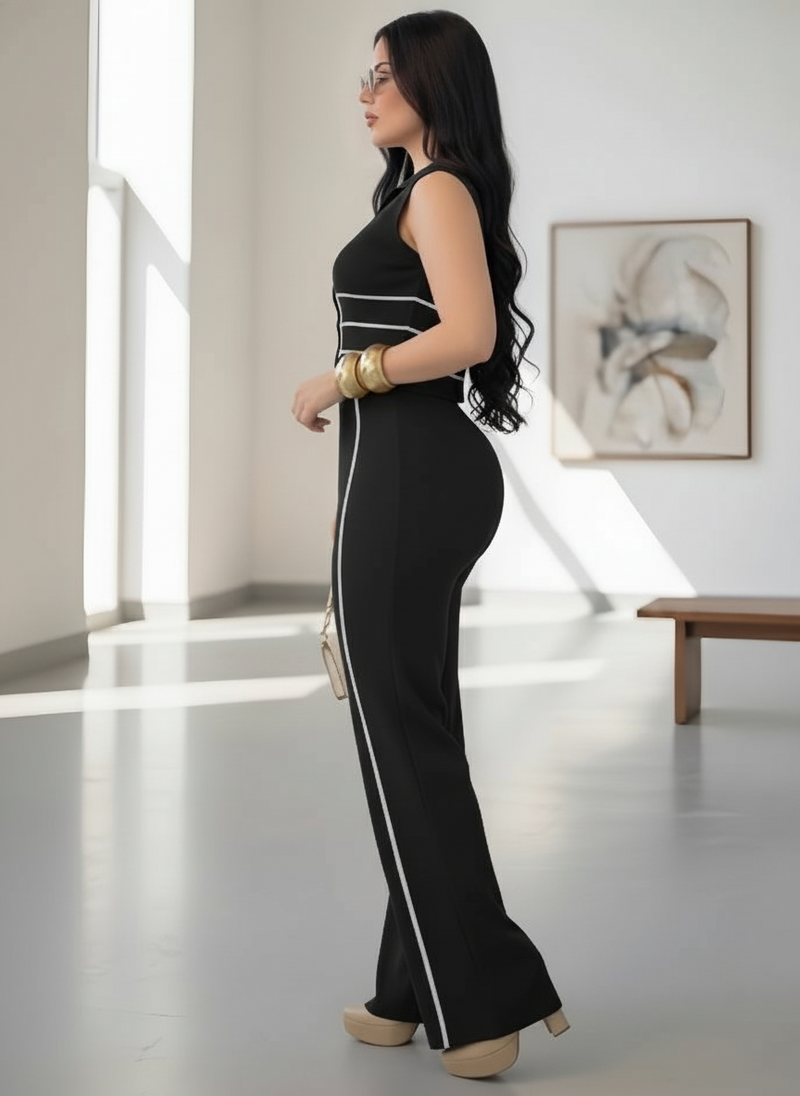 Black Wide-Leg Pants Set with Contrast Trim
