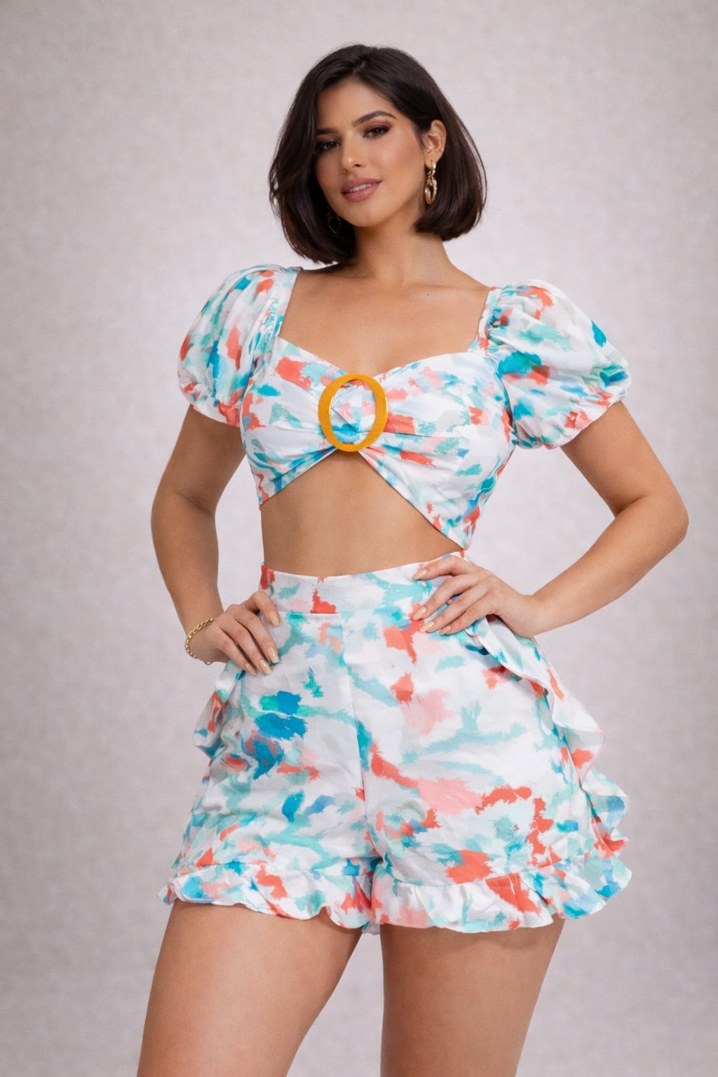 Tie-Dye Two-Piece Short Set with Puff Sleeve Crop Top & Ruffle Shorts