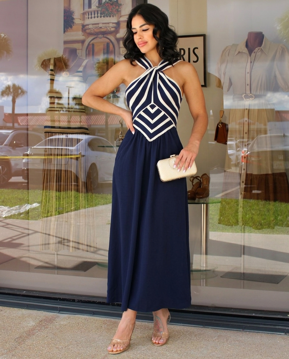 Capri Nautical Maxi Dress – Navy Striped Halter Open Back Dress