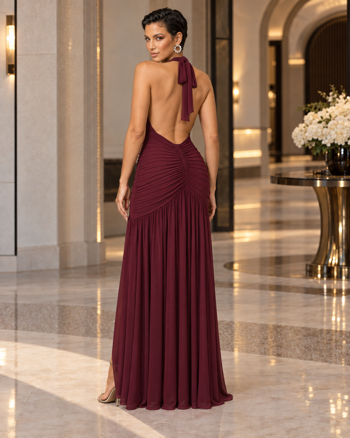 Burgundy Crystal Halter Ruched Mesh Maxi Dress