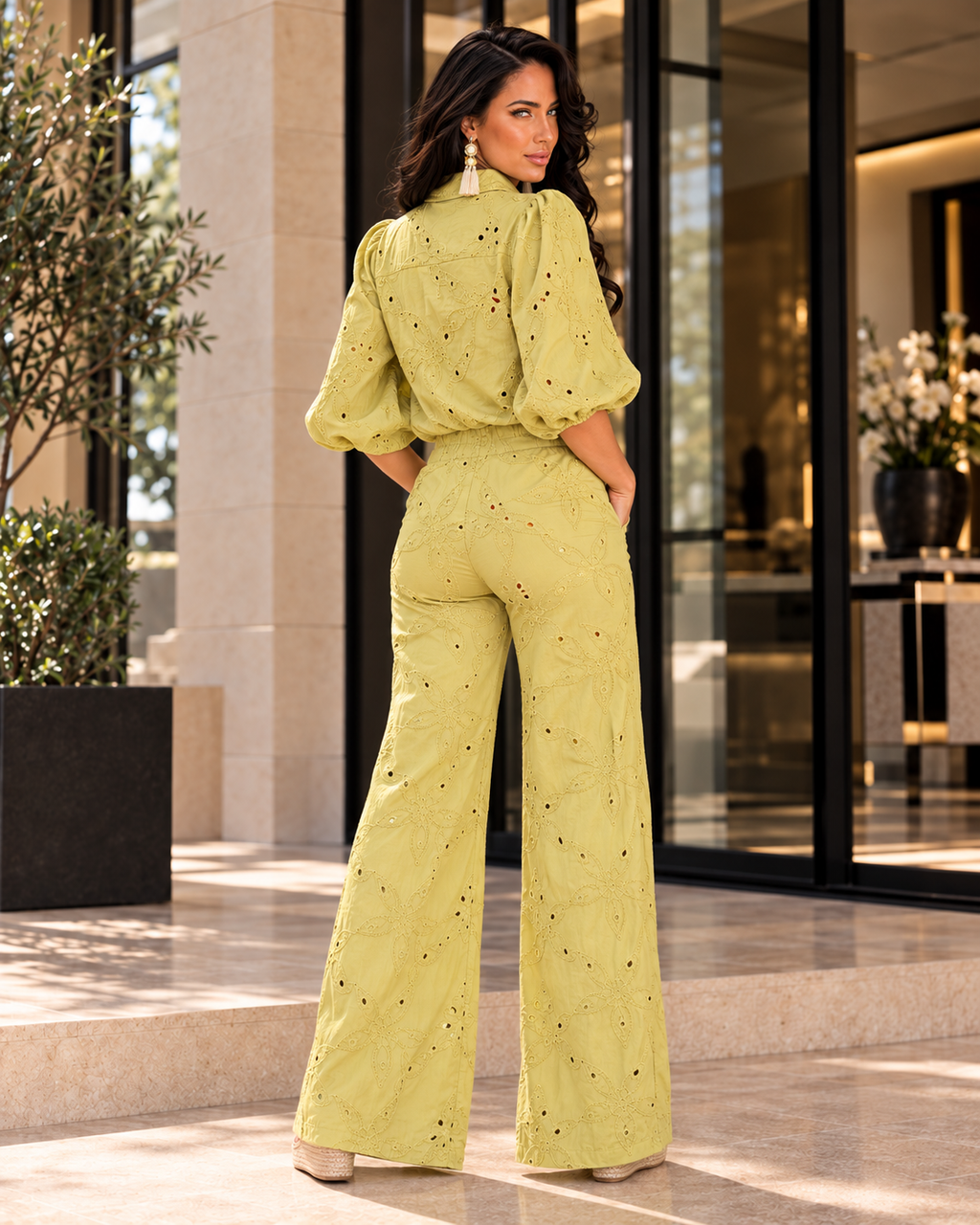 Eyelet Embroidered Wide-Leg Set – Chartreuse
