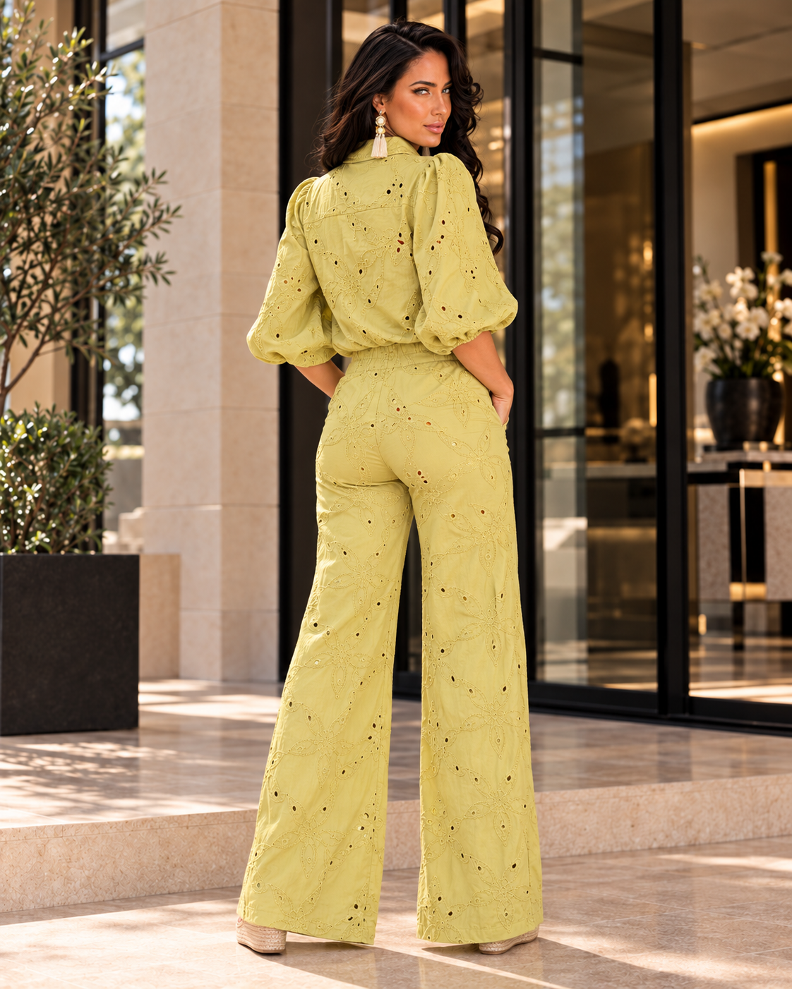 Eyelet Embroidered Wide-Leg Set – Chartreuse