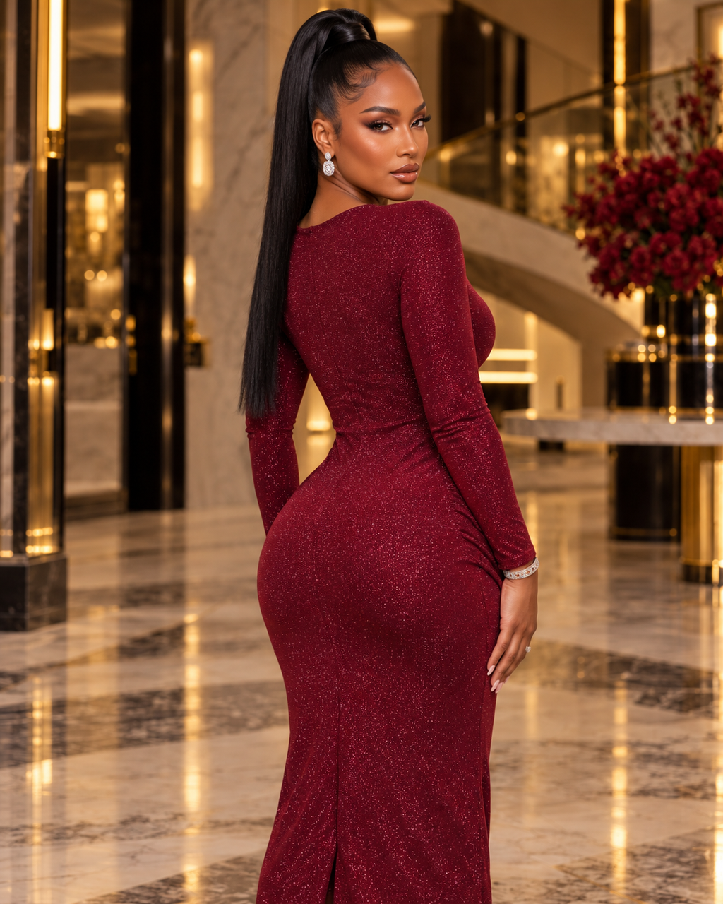 Bordeaux After Dark – Shimmer Draped Maxi Dress
