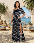 Monaco Polka Dot Mesh Ruched Maxi Dress