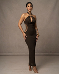 Chocolate Brown Halter Maxi Dress with Cut-Out & Gold Detail – Bodycon Statement Dress