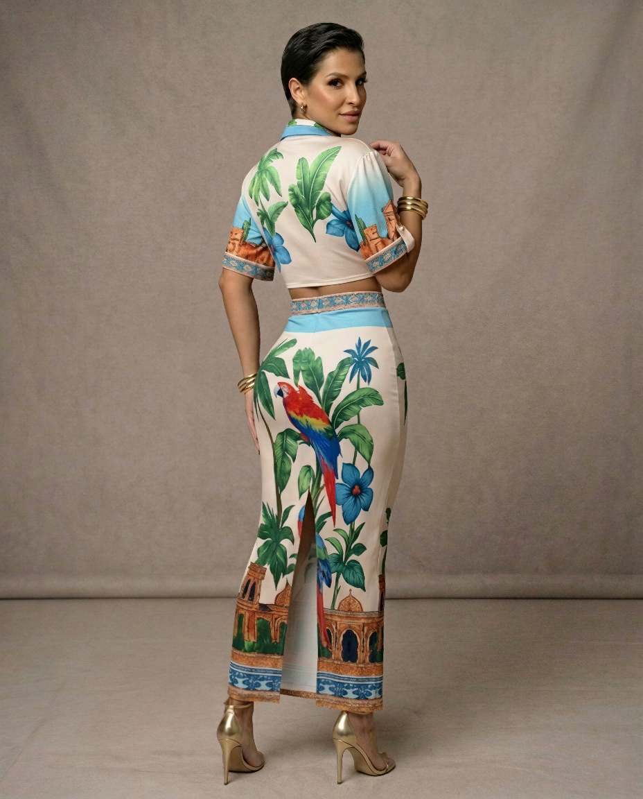 Tropical Print Crop Top & Maxi Skirt Set – Parrot Print Resort Outfit