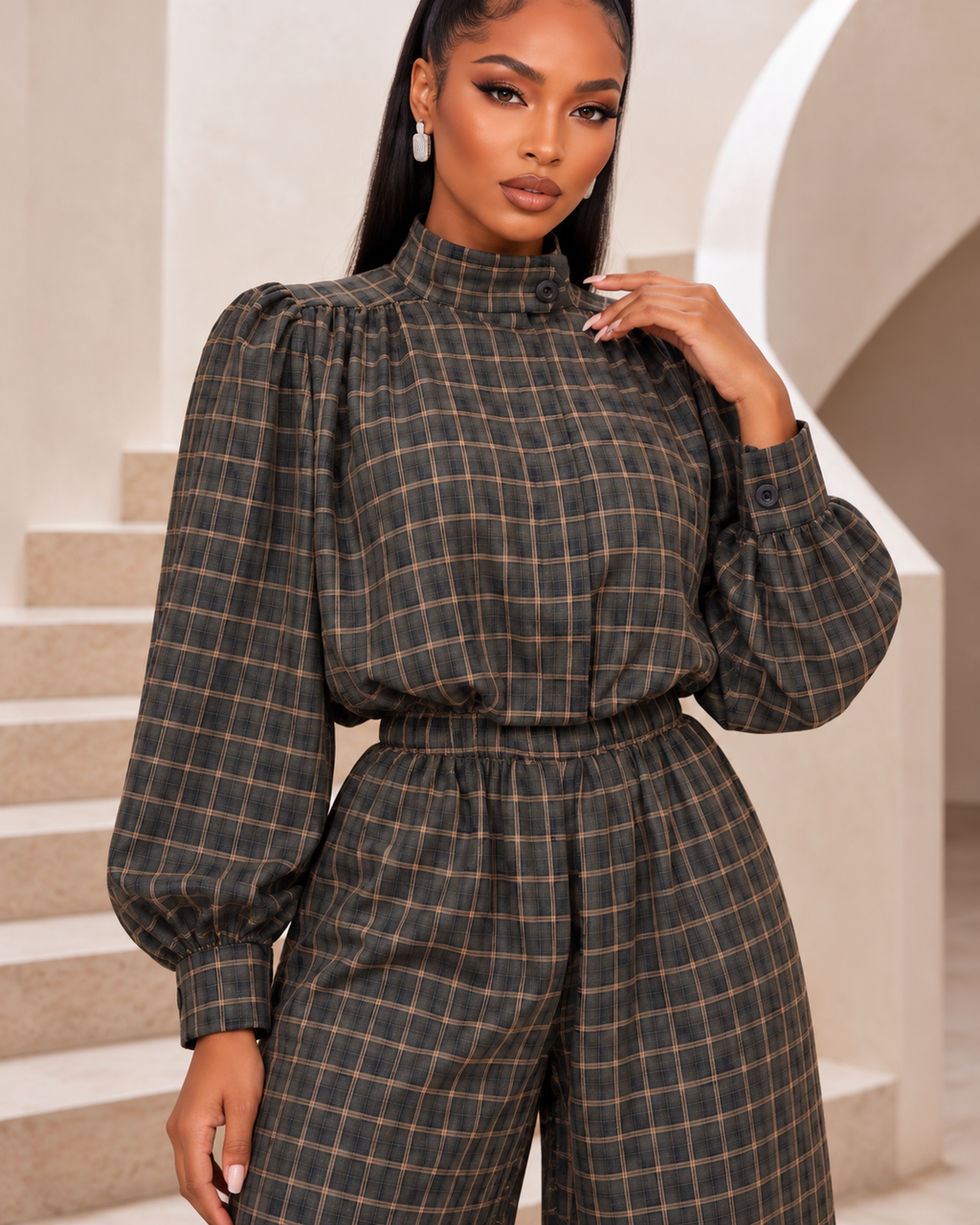 Charcoal Plaid High-Neck Blouse & Balloon Pants Set