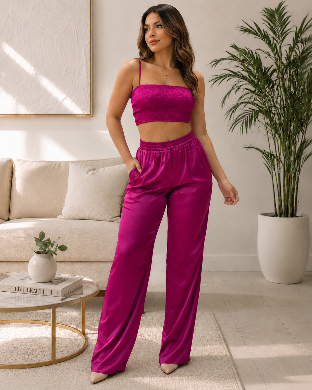 Got It Like That Satin Two Piece Pant Set Magenta - 100 Percent Satin No Stretch Comfort
