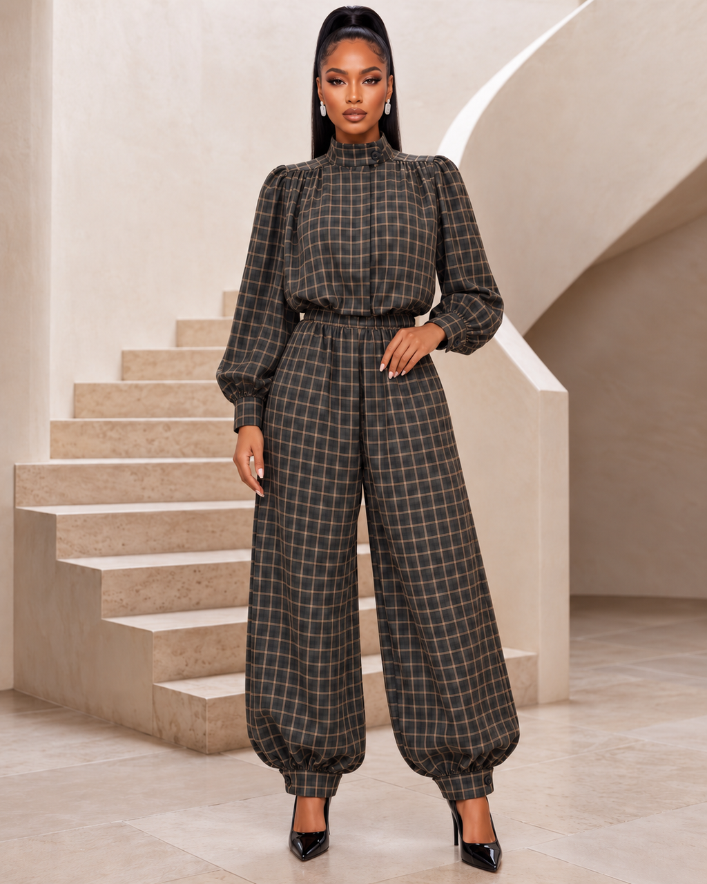 Charcoal Plaid High-Neck Blouse & Balloon Pants Set