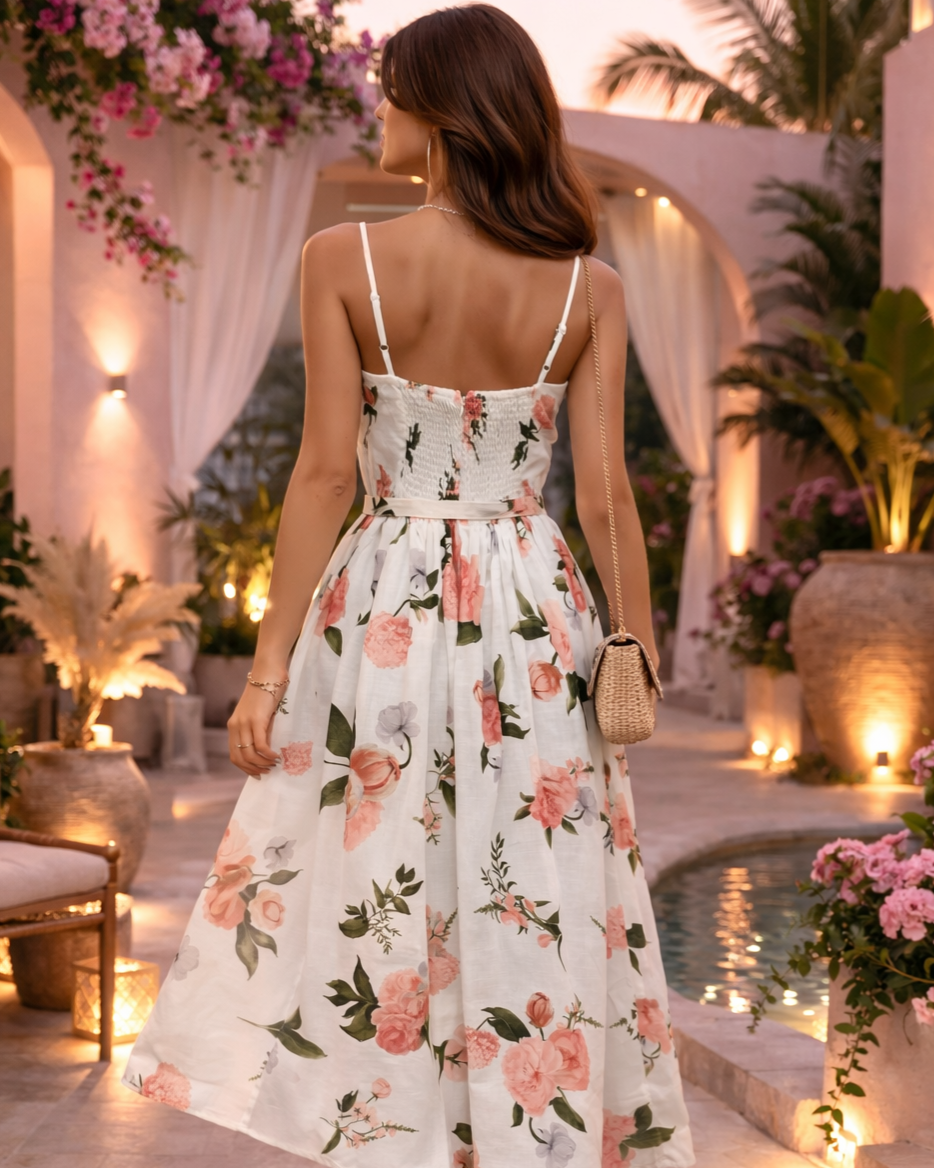 White Floral Midi Dress with Belt – Elegant Summer Garden Party Dress