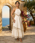 Ivory Halter Midi Dress with Crochet Lace Cutout Detail