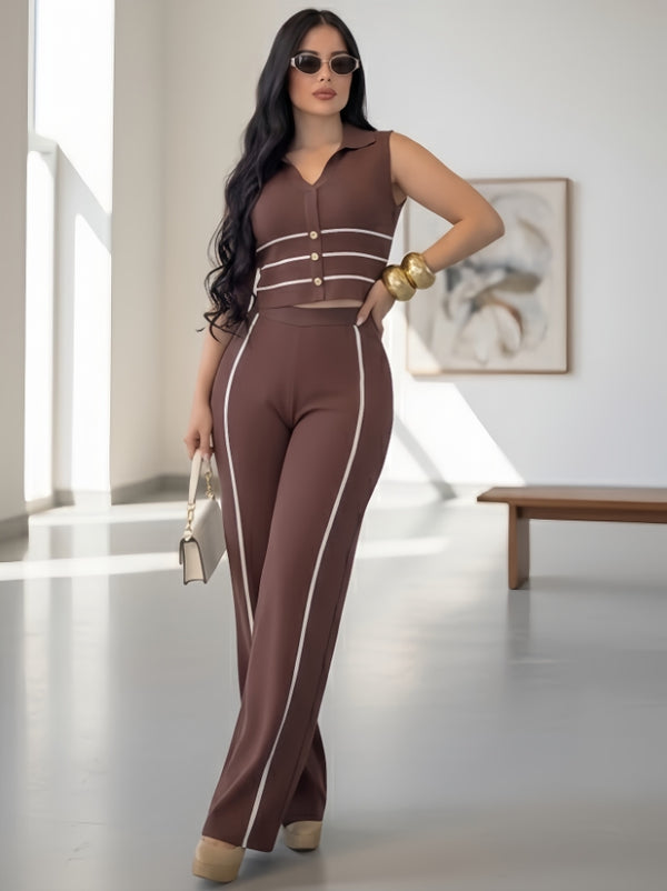 Mocha Wide-Leg Pants Set with Contrast Trim