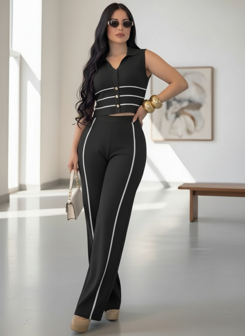 Black Wide-Leg Pants Set with Contrast Trim