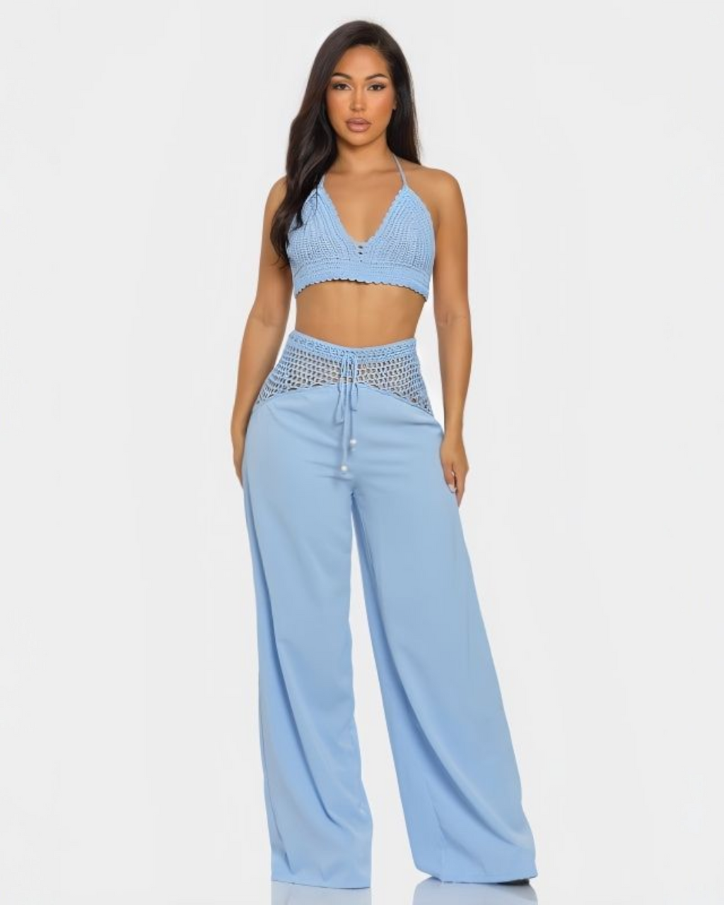 Blue Crochet Halter Top and Pants Set for Women Beachwear Two Piece Outfit 100 Percent Crochet No Stretch
