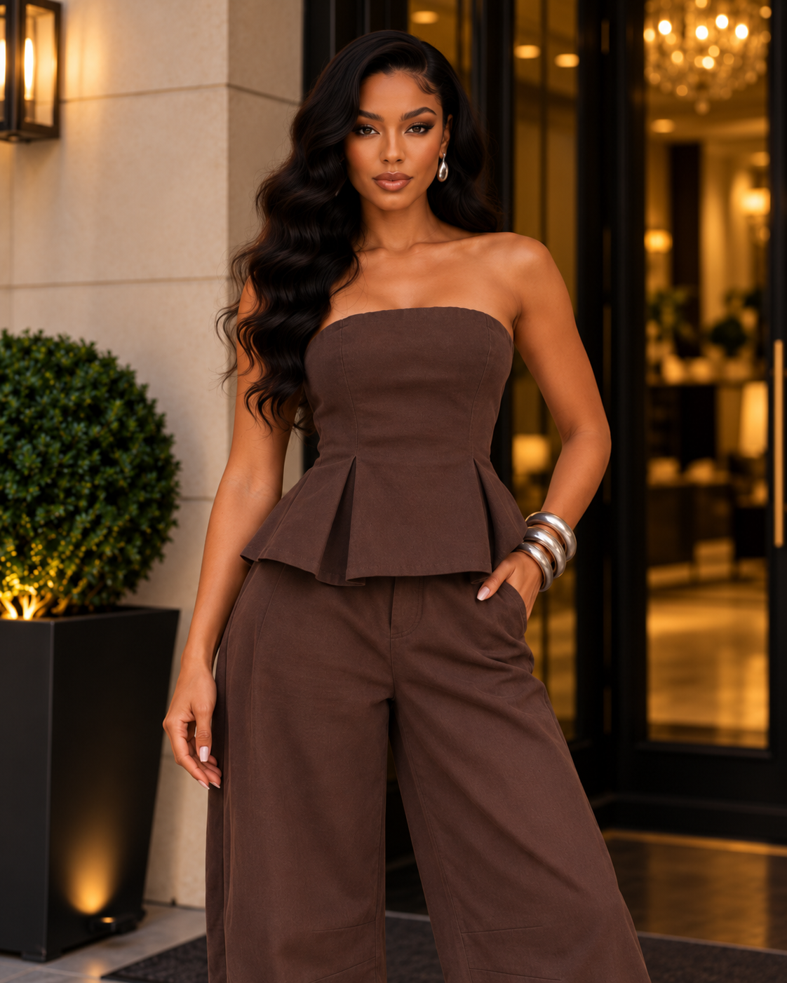 Chocolate Brown Strapless Peplum Top & Barrel Pants Set