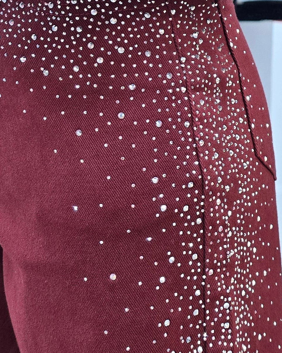 Burgundy Spark Glam Statement Denim Pants With Mid Rise Fit And Stretch For Women