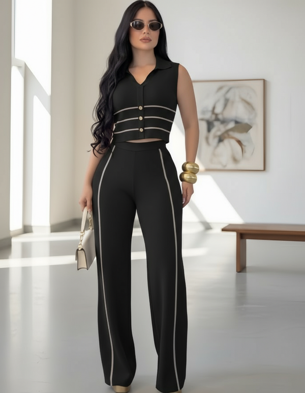 Black Wide-Leg Pants Set with Contrast Trim