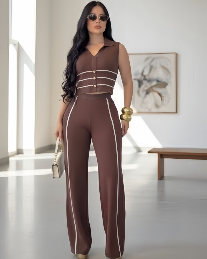 Mocha Wide-Leg Pants Set with Contrast Trim