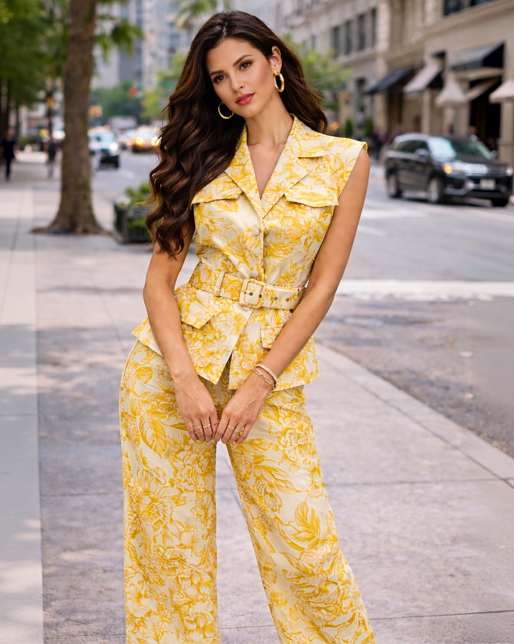 Yellow Floral Belted Two-Piece Pants Set – Elegant Sleeveless Tailored Outfit