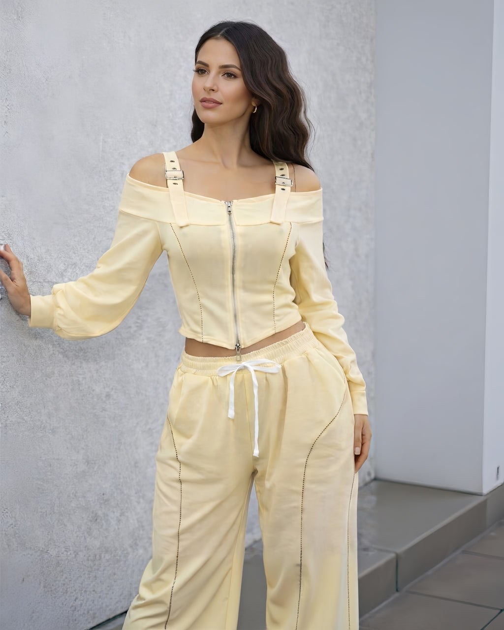 Butter Yellow Two Piece Off Shoulder Zip Front Top And Wide Leg Pants Set With Stretch Fabric
