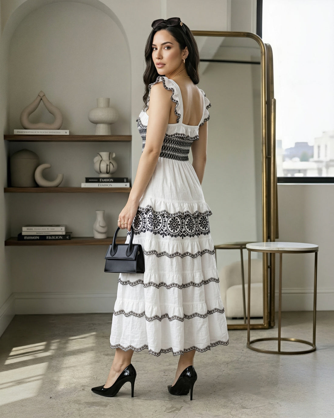 Brand Embroidered Black And White Chiffon Dress For Any Event Lightweight No Stretch Elegant Look
