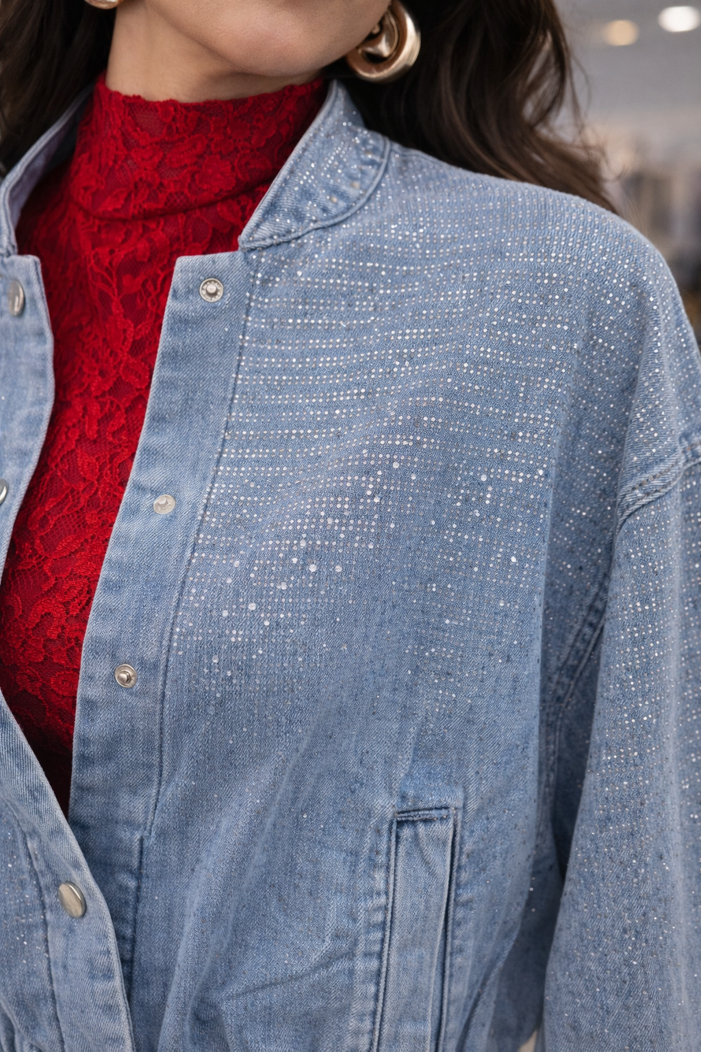 Parisian Rhinestone Embellished Bomber Jacket Light Denim - Nonstretch Polyester Cotton Blend For Comfortable Style