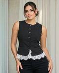 Elegant Black Button Front Vest Top with Lace Hem – Tailored Chic Sleeveless Blouse