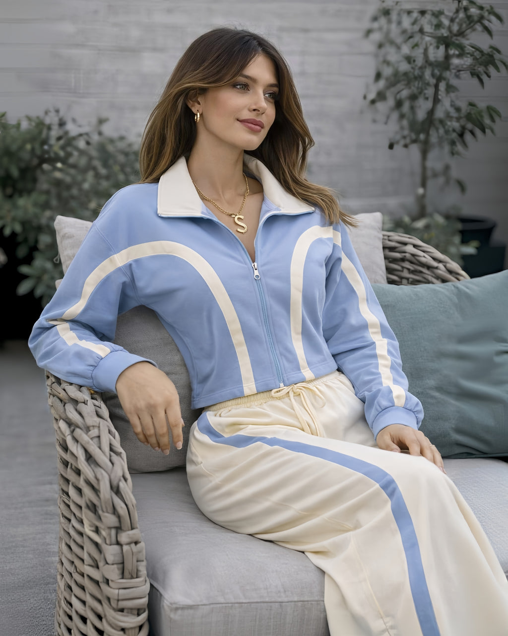 Azurea Light Blue Two Piece Set Zip Front Top and Wide Leg Pants - Ultra Stretch Comfort for All Day Wear