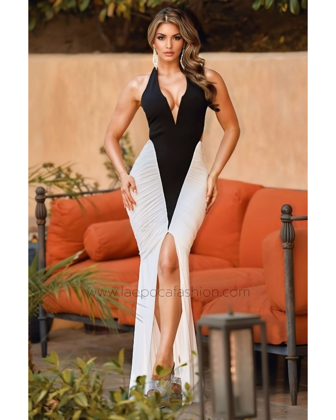 Midnight Jewel Black And White Evening Dress - Ruched Detailing And Stretch Polyester For Flattering Fit
