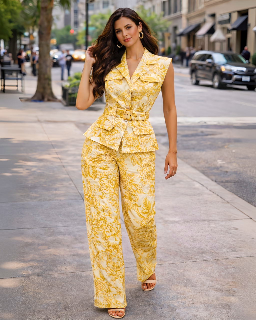 Yellow Floral Belted Two-Piece Pants Set – Elegant Sleeveless Tailored Outfit