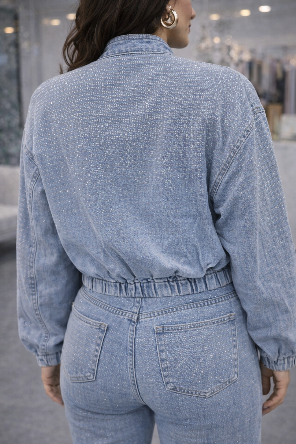 Parisian Rhinestone Embellished Bomber Jacket Light Denim - Nonstretch Polyester Cotton Blend For Comfortable Style