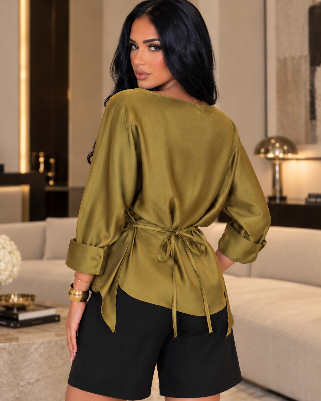 Olive Satin Draped Wrap Blouse – Elegant Long Sleeve Top
