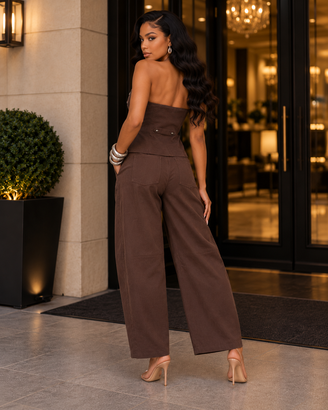 Chocolate Brown Strapless Stretch Denim Jumpsuit – Silver Button Detail