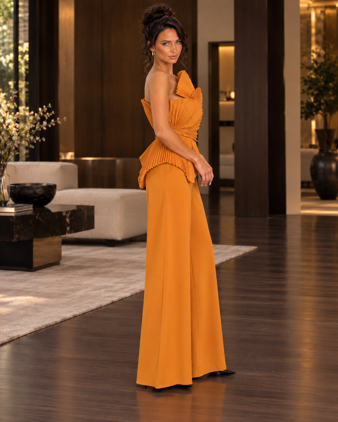 Saffron Solstice Sculpted Pleat Wide-Leg Jumpsuit