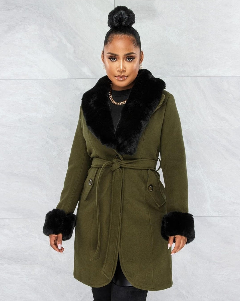 Chloe Olive Green Black Faux Fur Belted Coat