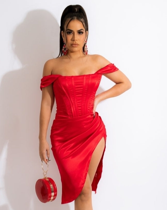 Be Fly Satin Corset Midi Dress Red With Mesh Panels Polyester Stretch Evening Dress
