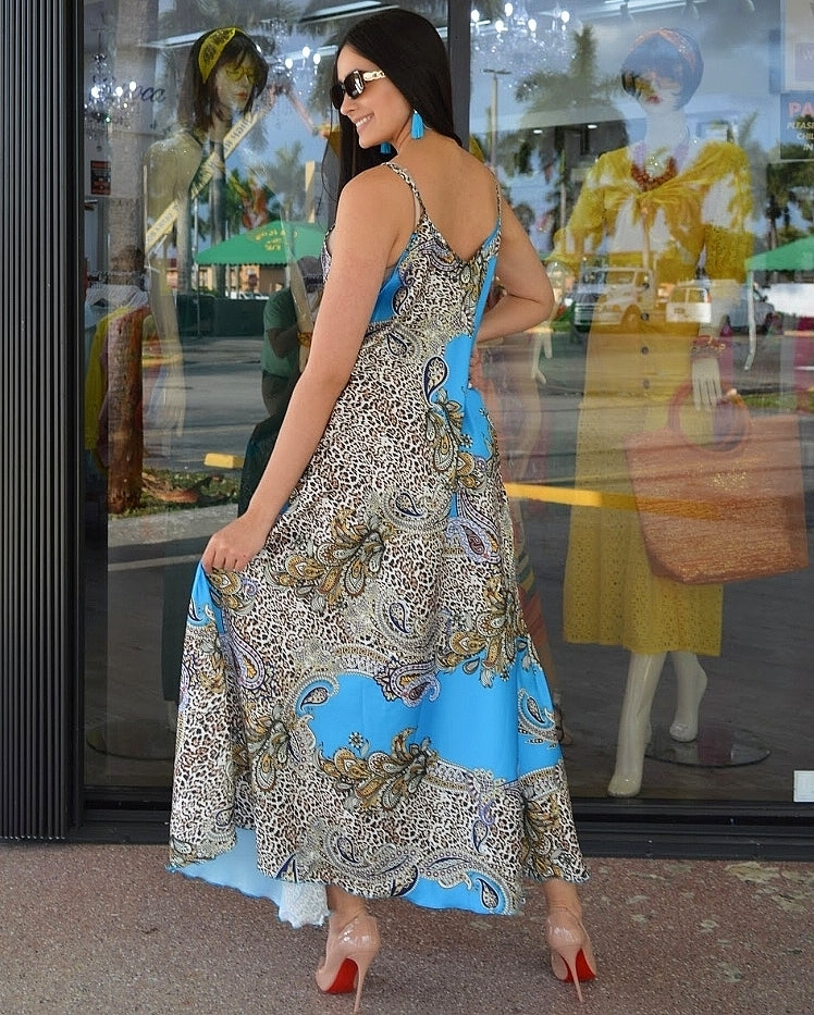 Amalfi Coast Satin Leopard Aqua Blue Maxi Dress For Resort Vacations And Special Occasions