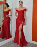 Elegance Couture Feather Embellished Gown Dress Red - Stretch Lycra Comfort And Adjustable Waist