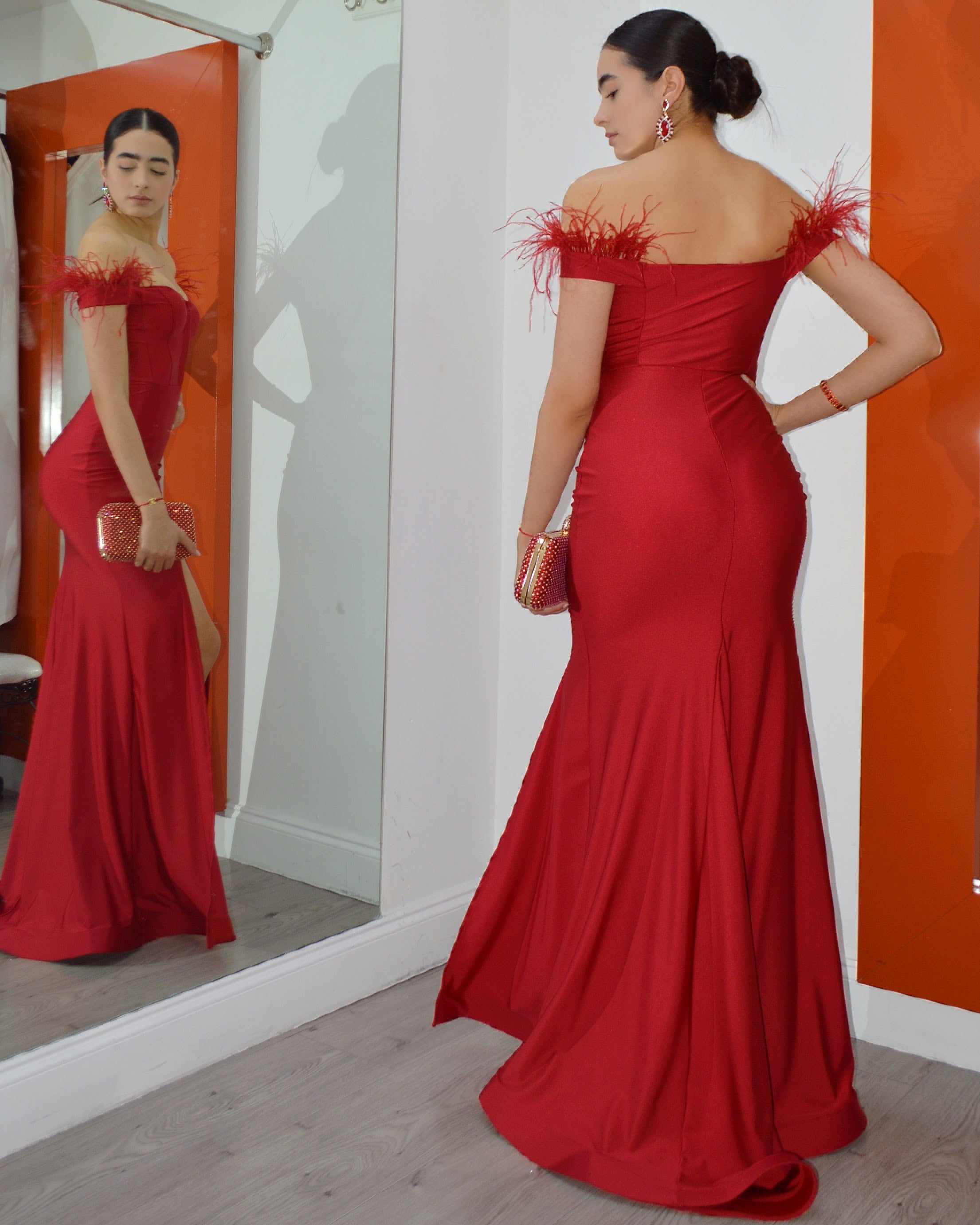 Elegance Couture Feather Embellished Gown Dress Red - Stretch Lycra Comfort And Adjustable Waist