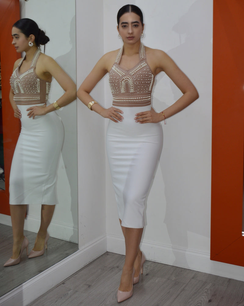 Made Of Pearl Embellished Two Tone Bandage Dress White Nude