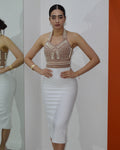 Pearluxe Embellished Two Tone Bandage Dress - White Nude With Moderate Stretch For Any Event