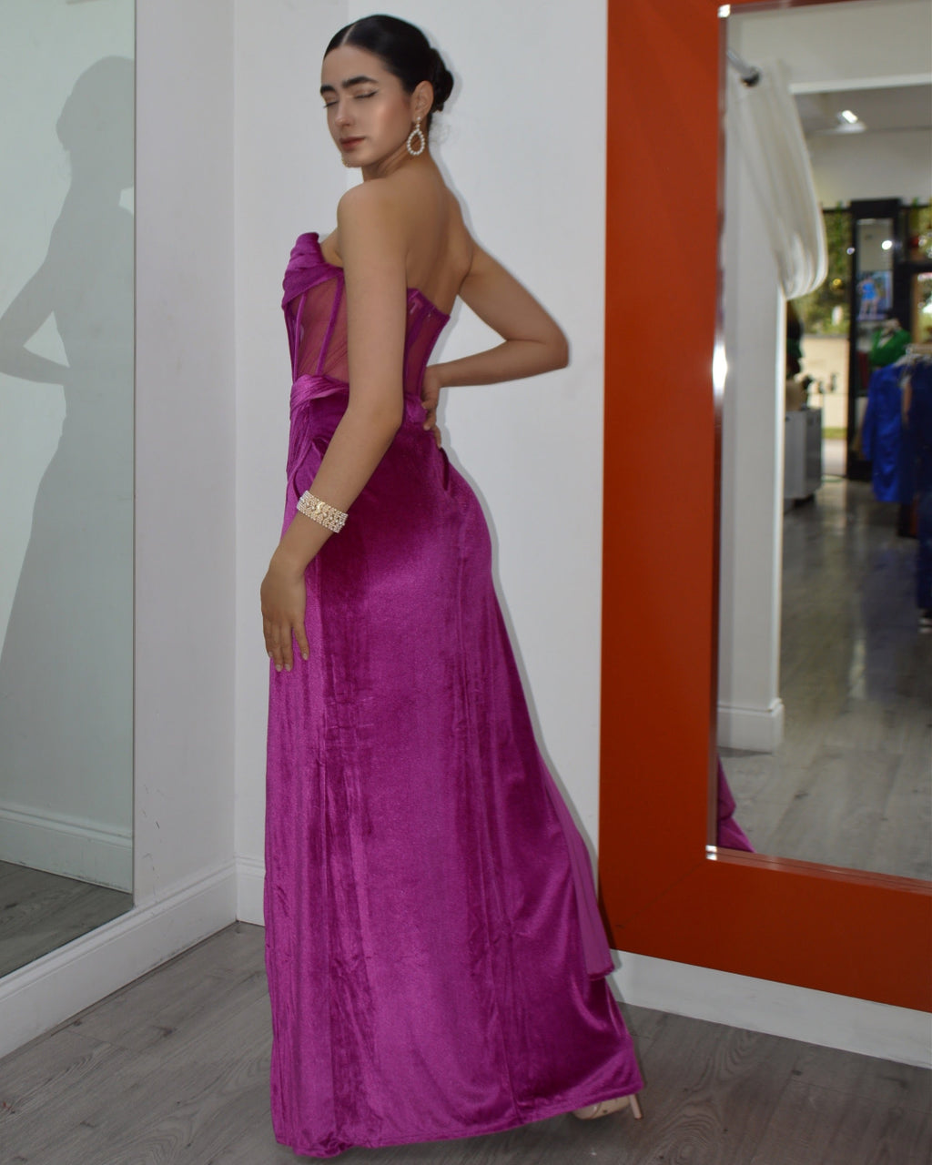 Bella Hadid Inspired Corset Gown Velvet Dress Magenta With Adjustable Waist For Elegant Evening Events