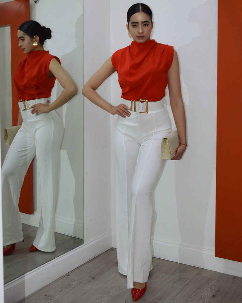 Touch Of Confidense Palazzo Belted Pants White