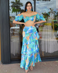 Bahama Blue Printed Skirt Set In Polyester Fabric No Stretch For Everyday Comfort And Style