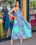 Amalfi Coast Satin Mint Leopard Maxi Dress Made From Italian Satin For Resort Evenings And Special Occasions