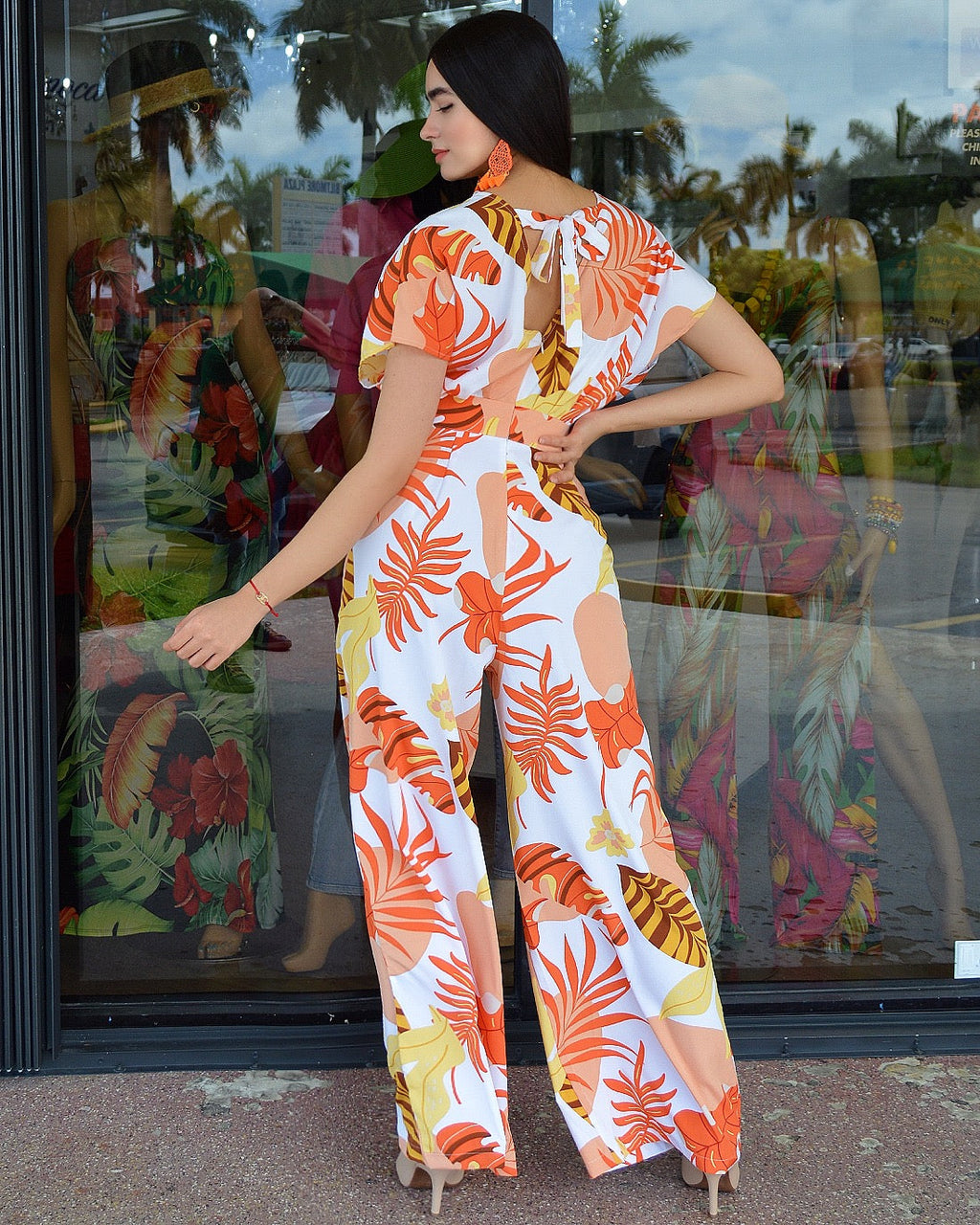 Nice Touch Seasonal Leaf Print Jumpsuit - Elegant Evening Chic With Adjustable Waist