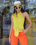 Brunch Vibes Blouse Lime Green Polyester Cotton Blend No Stretch Casual Shirt Model Wears Size Small