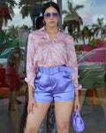 Cause I Love Satin Belted Shorts Purple Mid Rise Polyester No Stretch Premium Soft