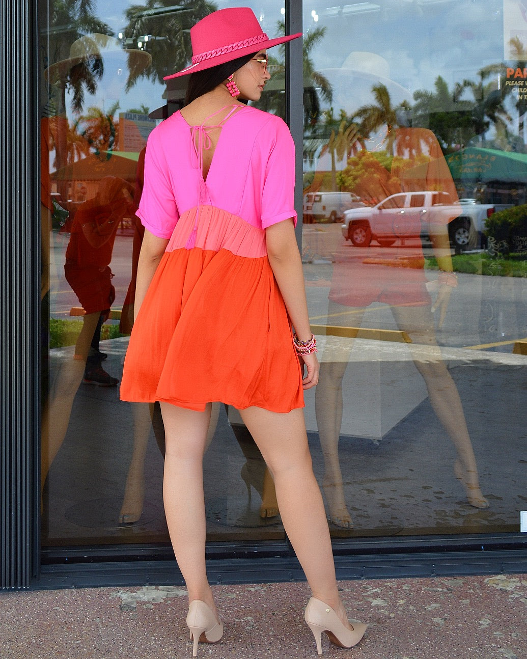 Choose To Be In Color Block Mini Dress Red Pink - 100 Percent Chiffon Lightweight Elegant Party Dress